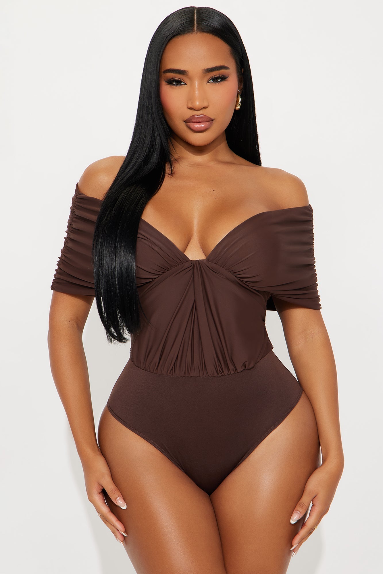 True Rival Ruched Off Shoulder Bodysuit - Brown