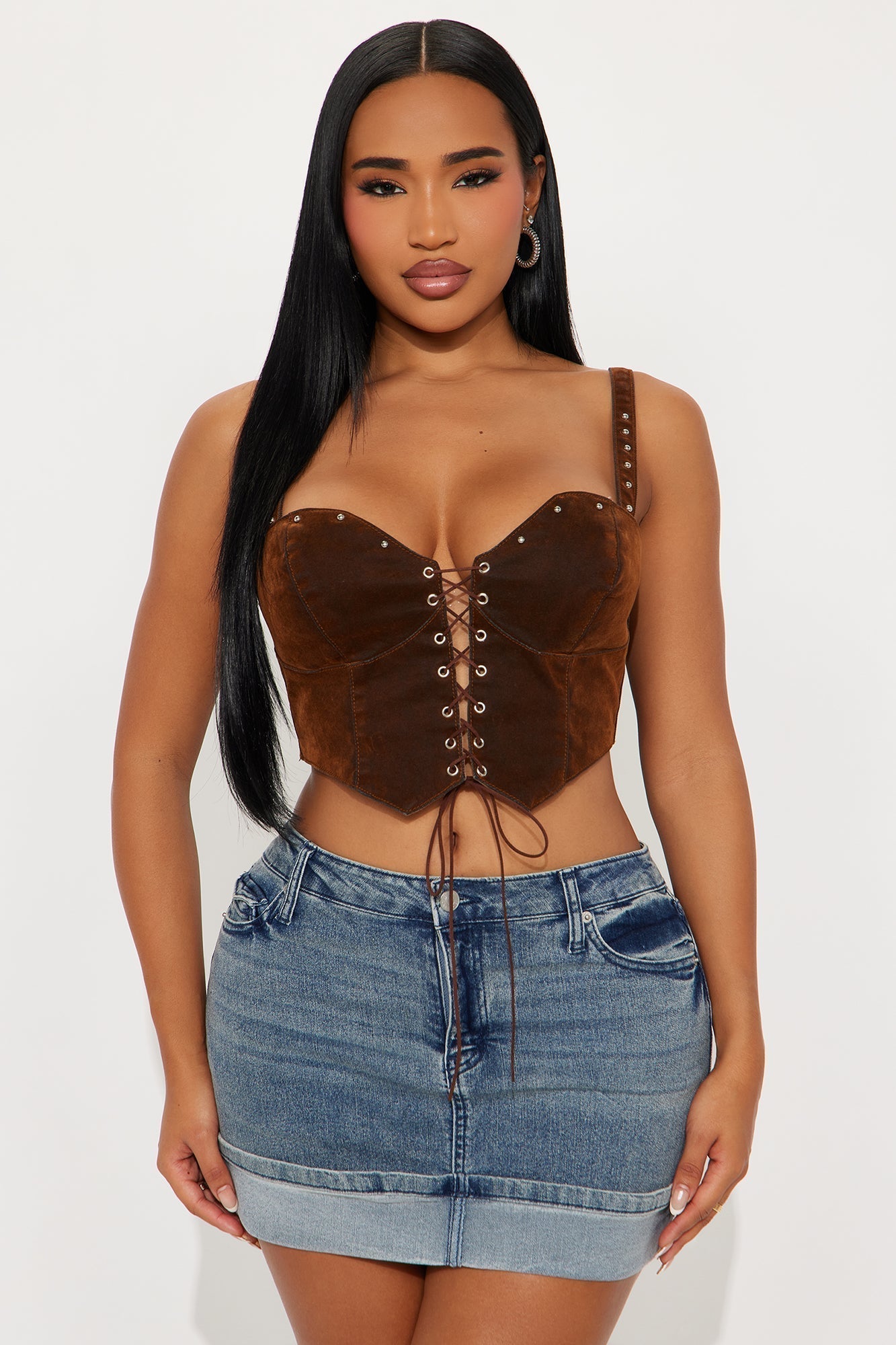 Who's That Girl Faux Suede Lace Up Top - Brown/combo