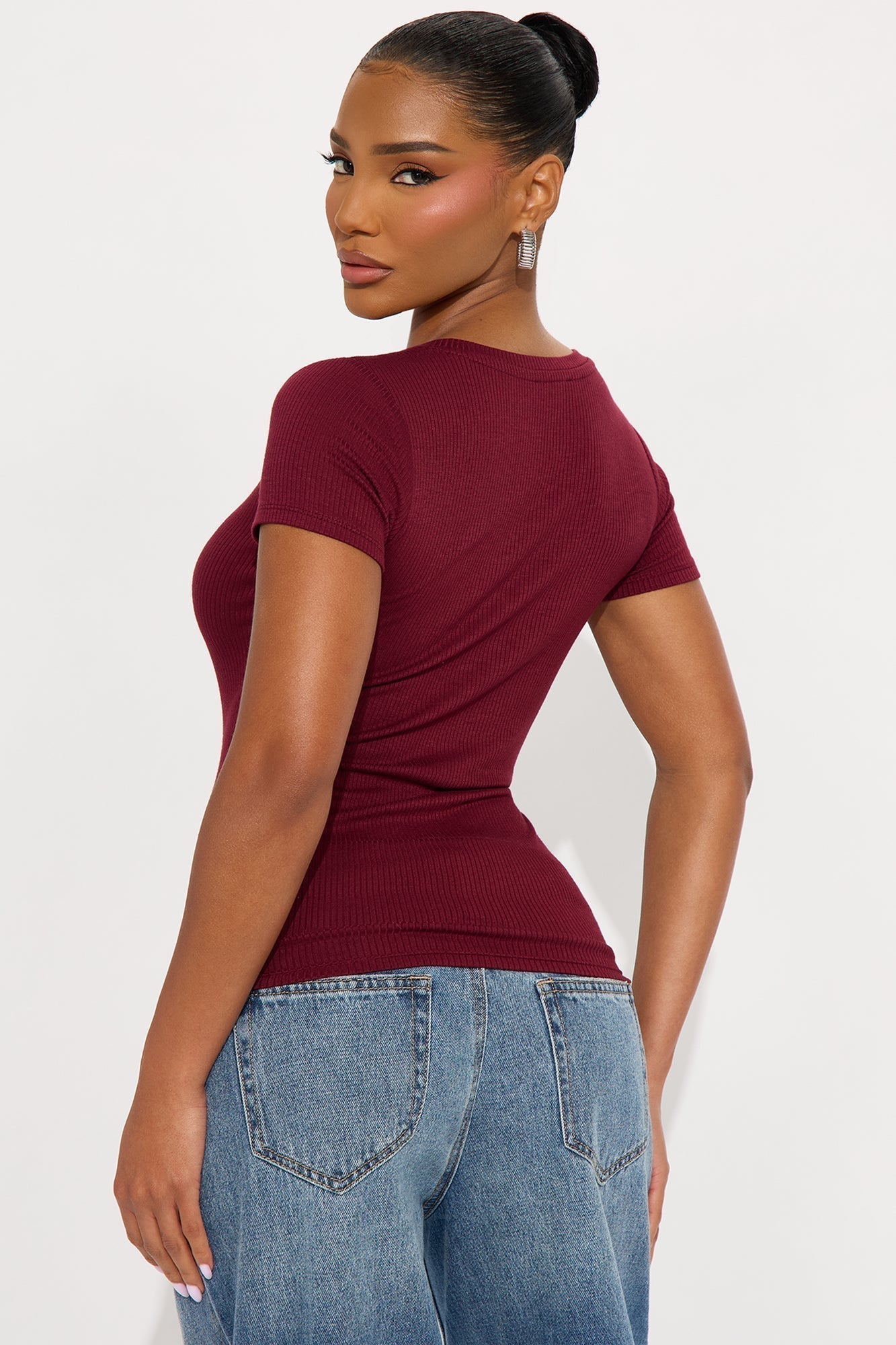 Natalie Ribbed Tee - Burgundy