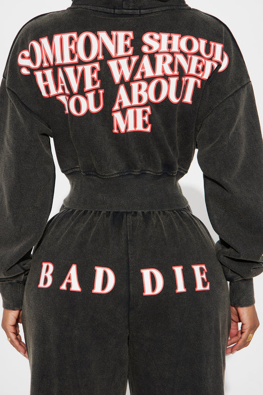 Baddie Washed Front Zip Hoodie - Black Wash