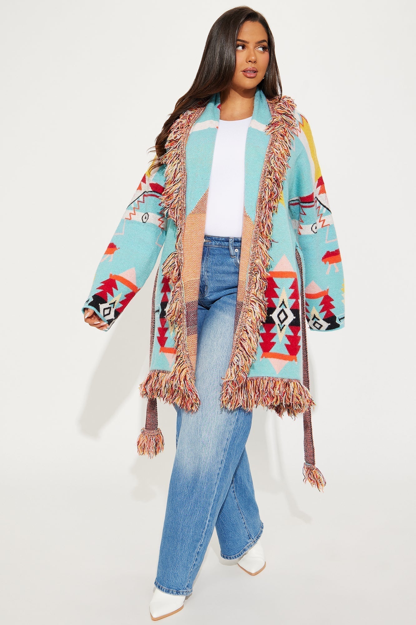 Western Day Fringe Cardigan - Blue/combo