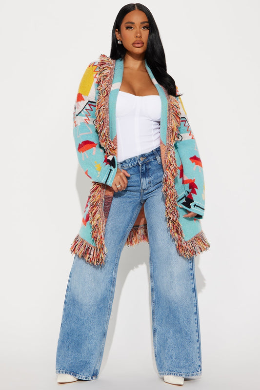 Western Day Fringe Cardigan - Blue/combo