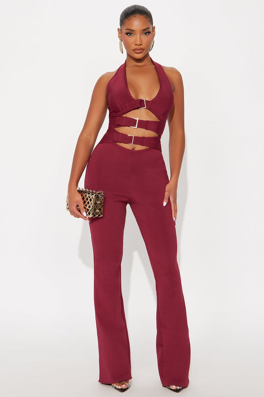 Aurora Bandage Halter Jumpsuit - Burgundy