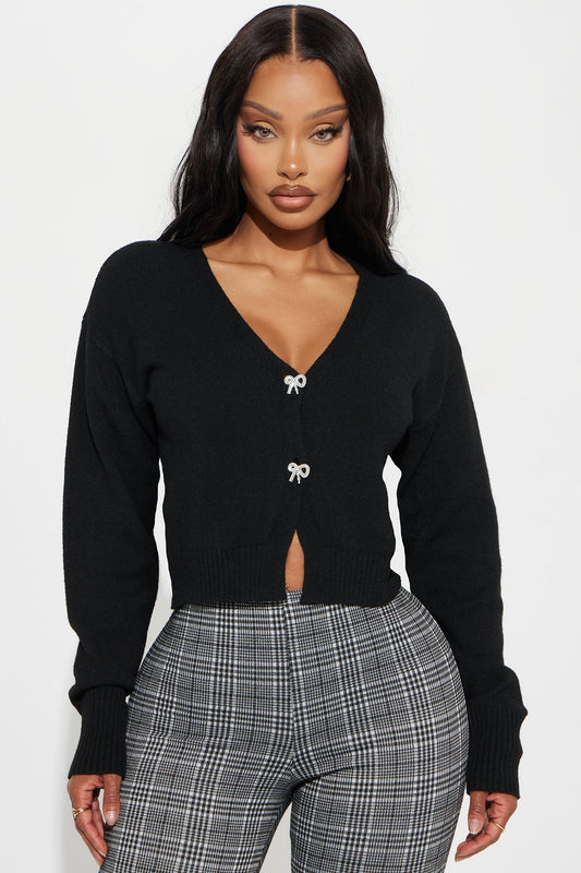 With A Bow Cropped Cardigan - Black