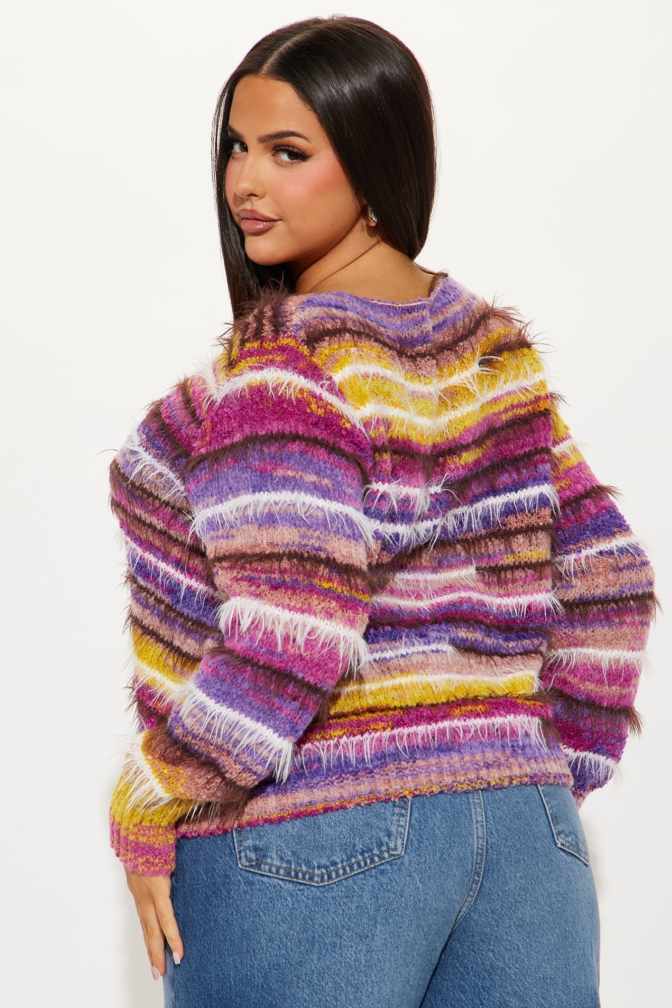 Calista Striped Fuzzy Sweater - Purple/combo
