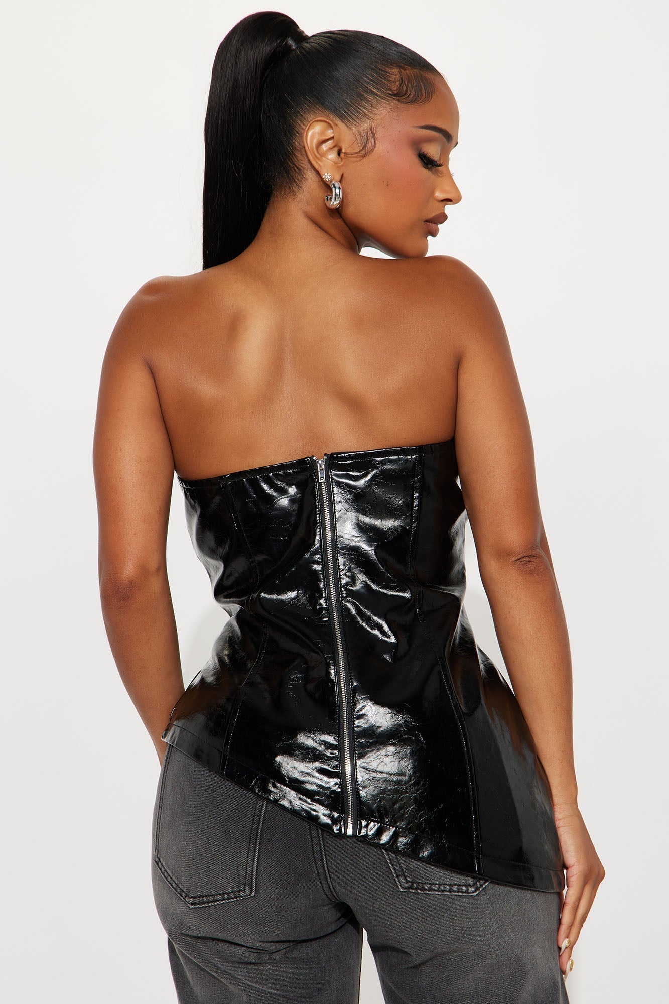 Miss Me Yet Faux Patent Leather Top - Black