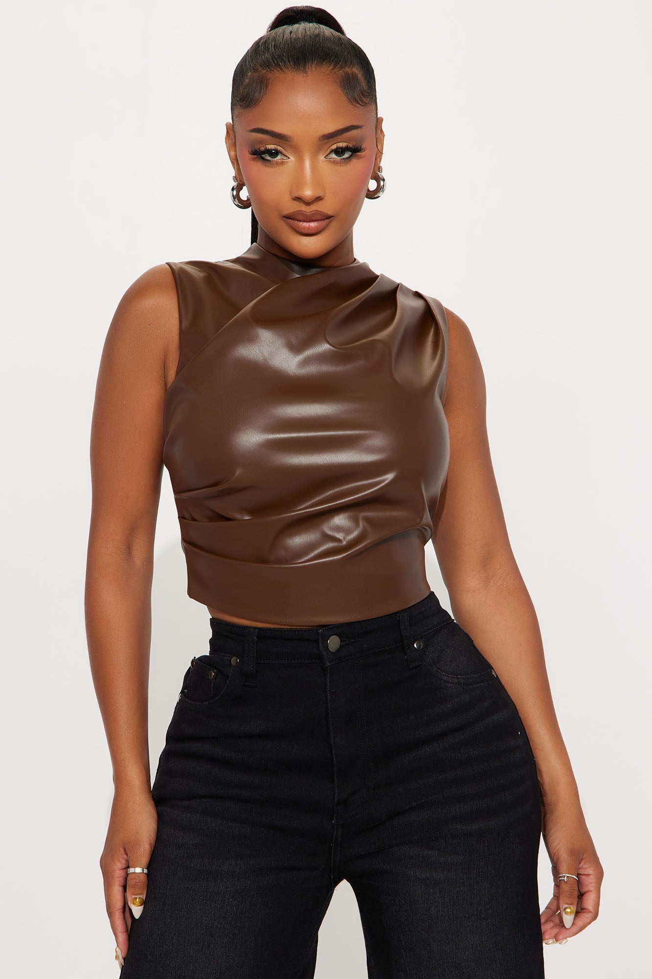 Fall Out Faux Leather Top - Brown