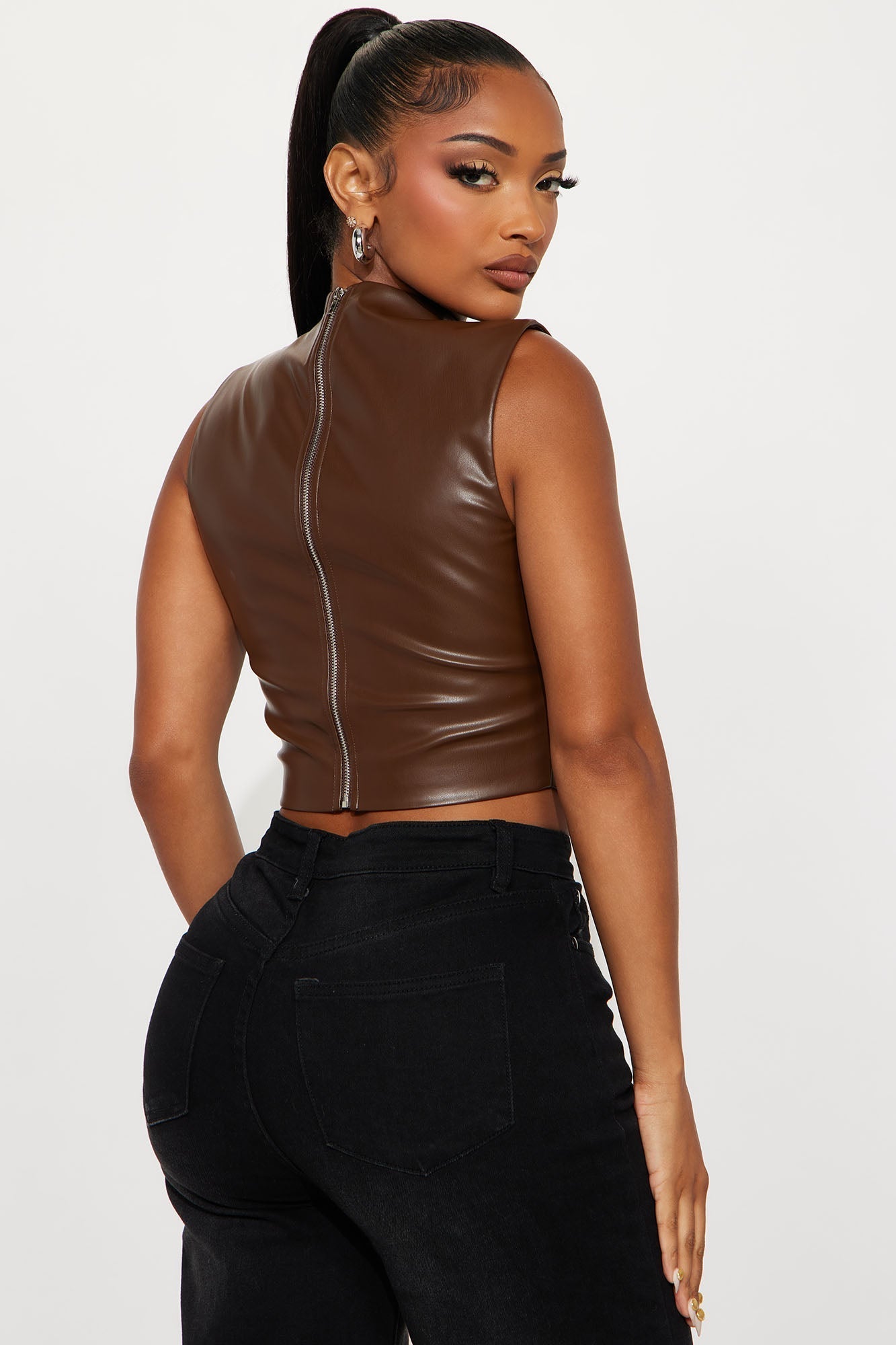 Fall Out Faux Leather Top - Brown