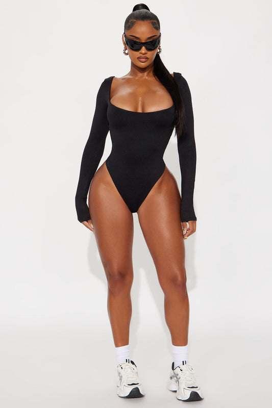 Contour Double Lined Long Sleeve Wide Scoop Neck Bodysuit - Black