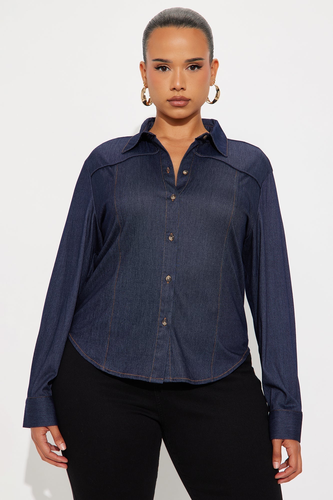 Melody Long Sleeve Button Up Denim Shirt - Dark Denim
