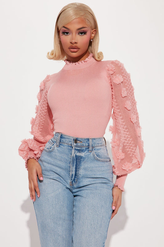 Pretty Petals Mock Neck Sweater - Rose