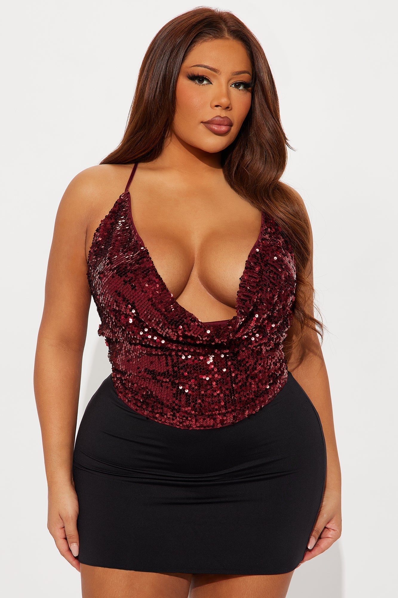 Maxine Sequin One Shoulder Cowl Neck Top - Burgundy