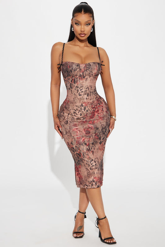 Sassy Lace Midi Dress - Brown/combo
