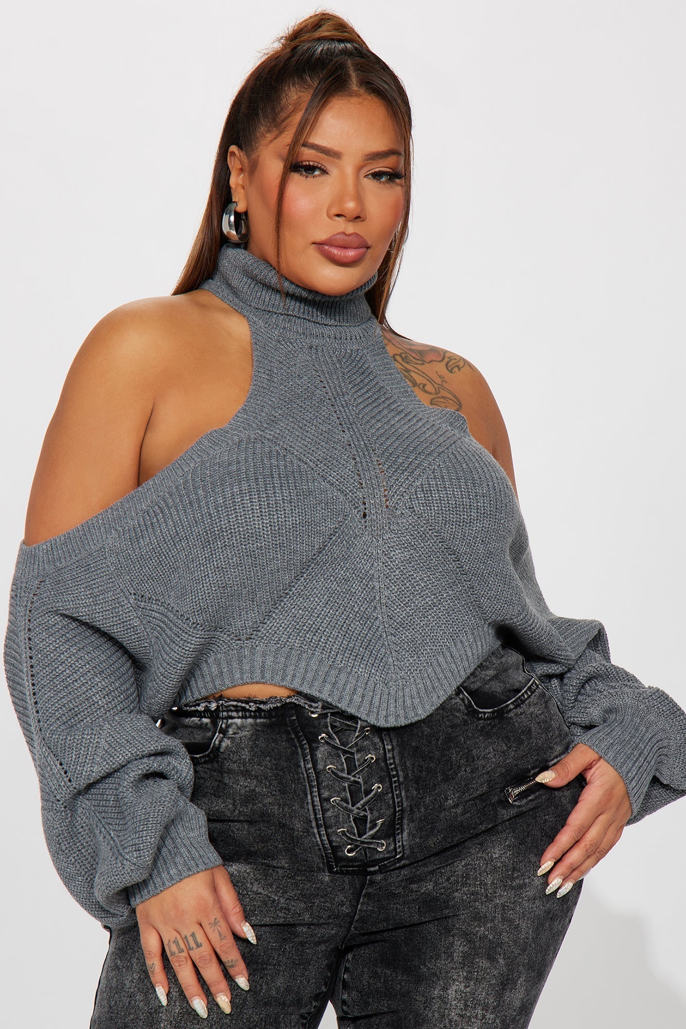 Karasi Cold Shoulder Sweater - Grey