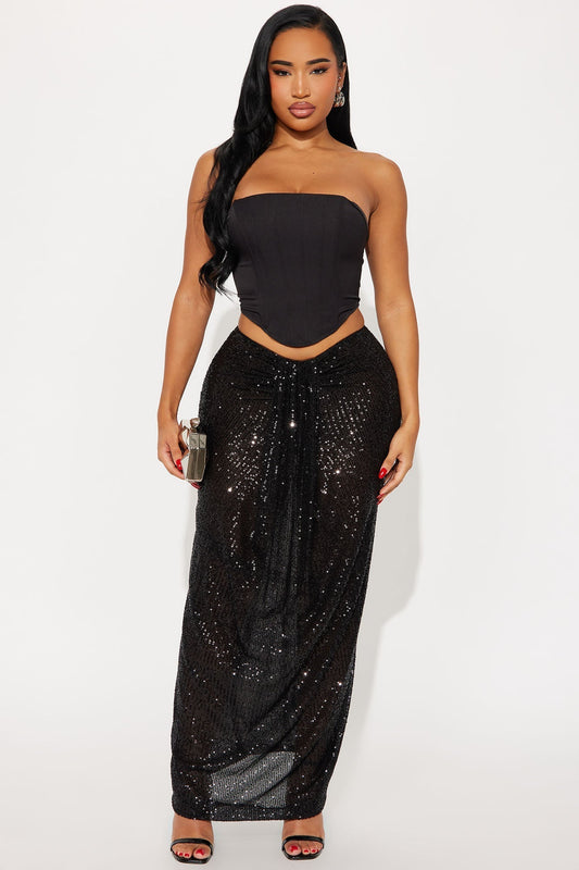 Party Time Sequin Drape Maxi Skirt - Black