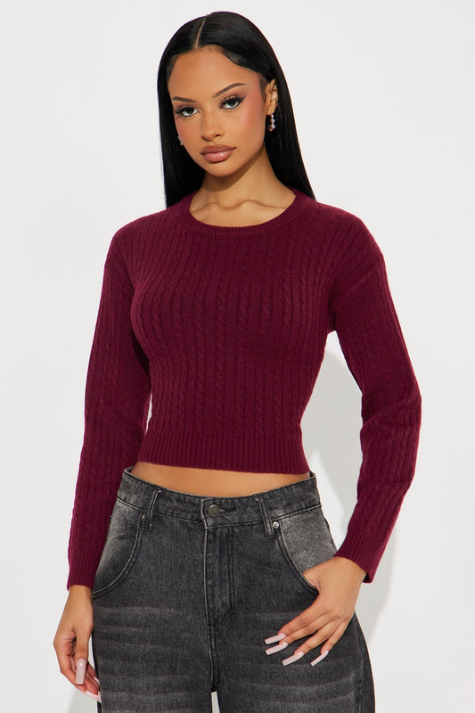 Chillin' It Cable Knit Sweater - Burgundy