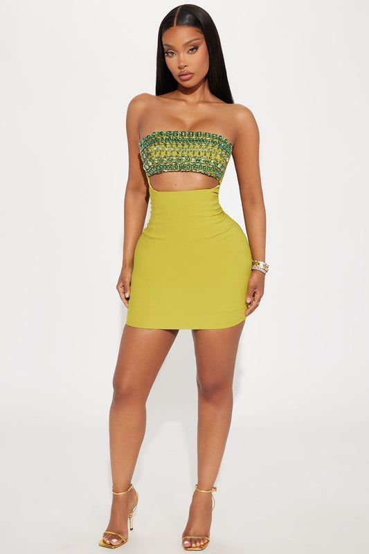 Piece of Love Rhinestone Mini Dress - Chartreuse