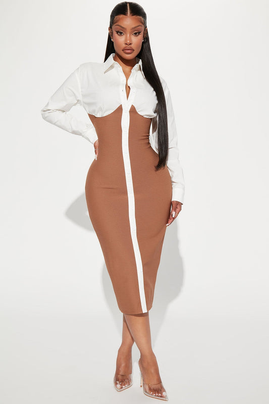 Let's Get Serious Midi Shirt Dress - White/combo