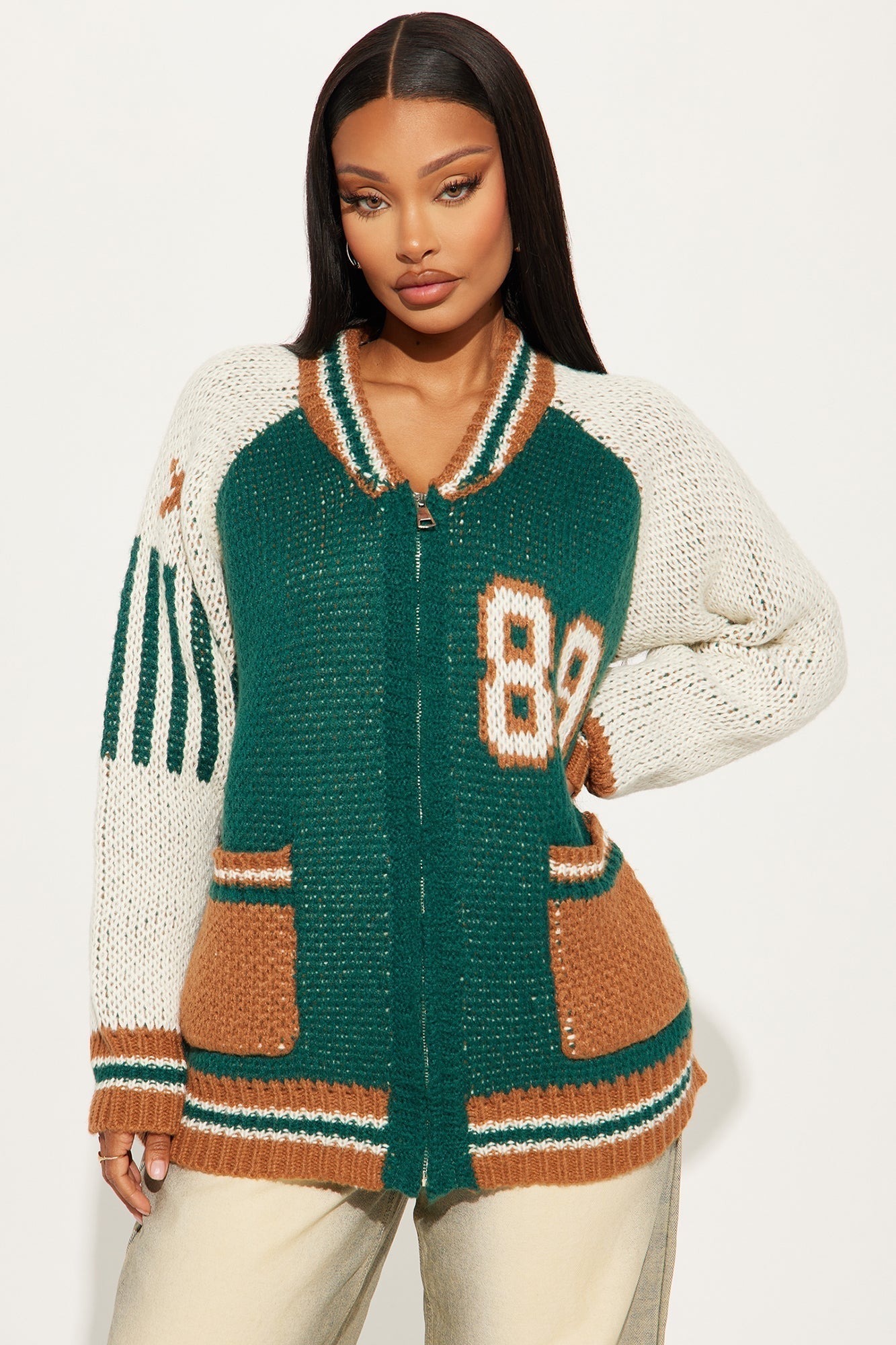 89 Forever Varsity Front Zip Sweater - Hunter