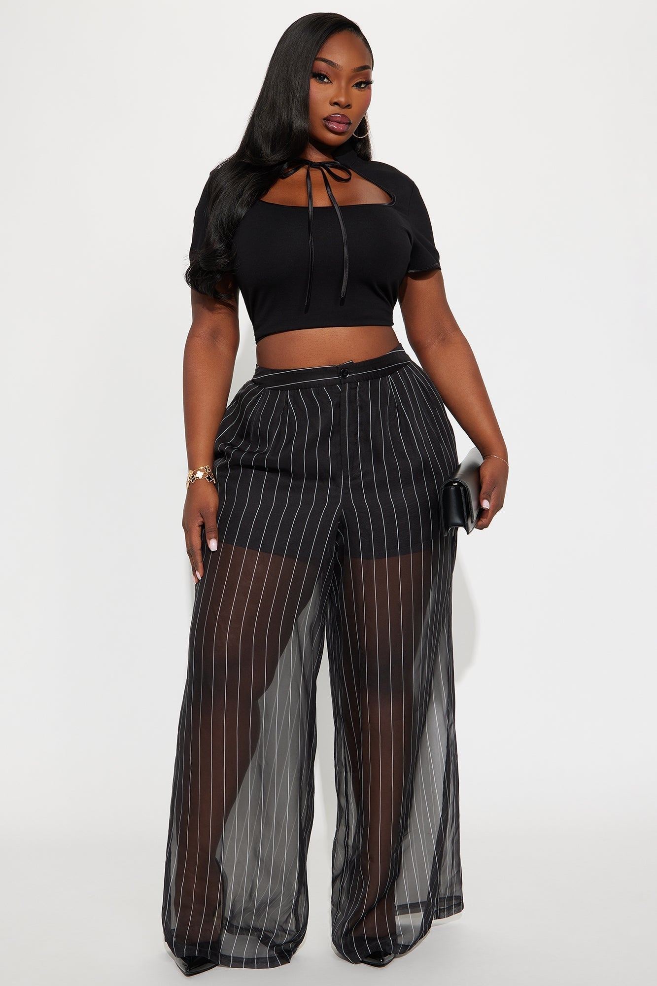 Hollie Pinstripe Organza Pants 33″ - Black/White
