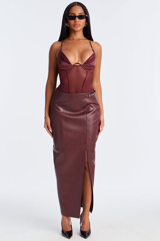Bad For You Belted Faux Leather Maxi Skirt - Burgundy
