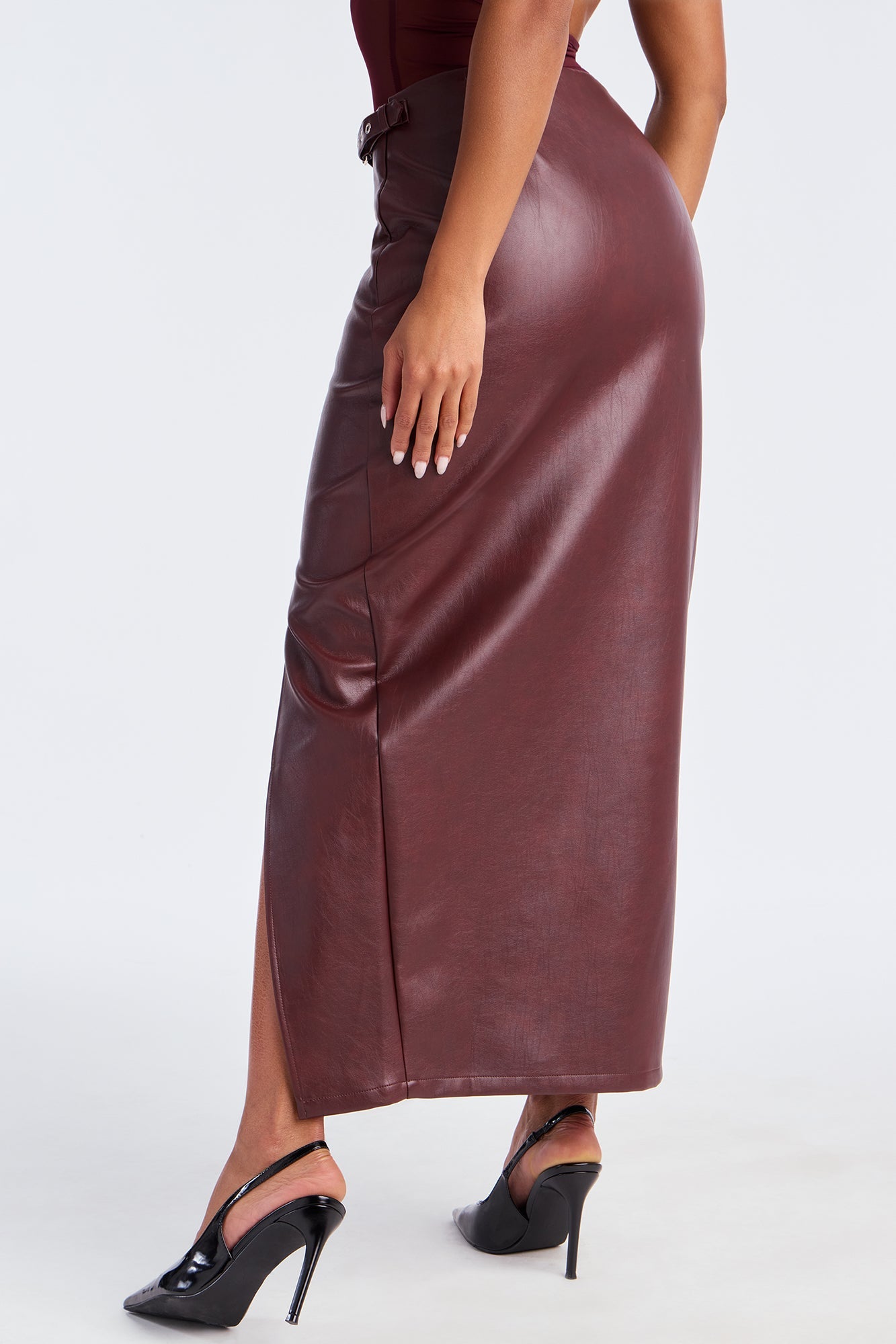 Bad For You Belted Faux Leather Maxi Skirt - Burgundy