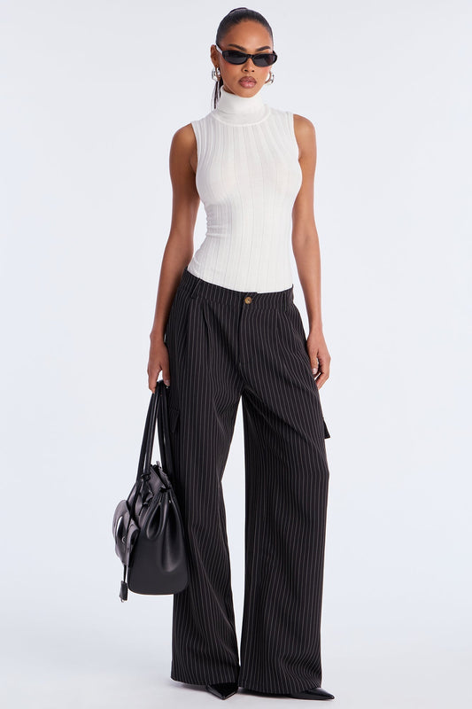 Atiya Pinstripe Wide Leg Cargo Pant 32″ - Black/White