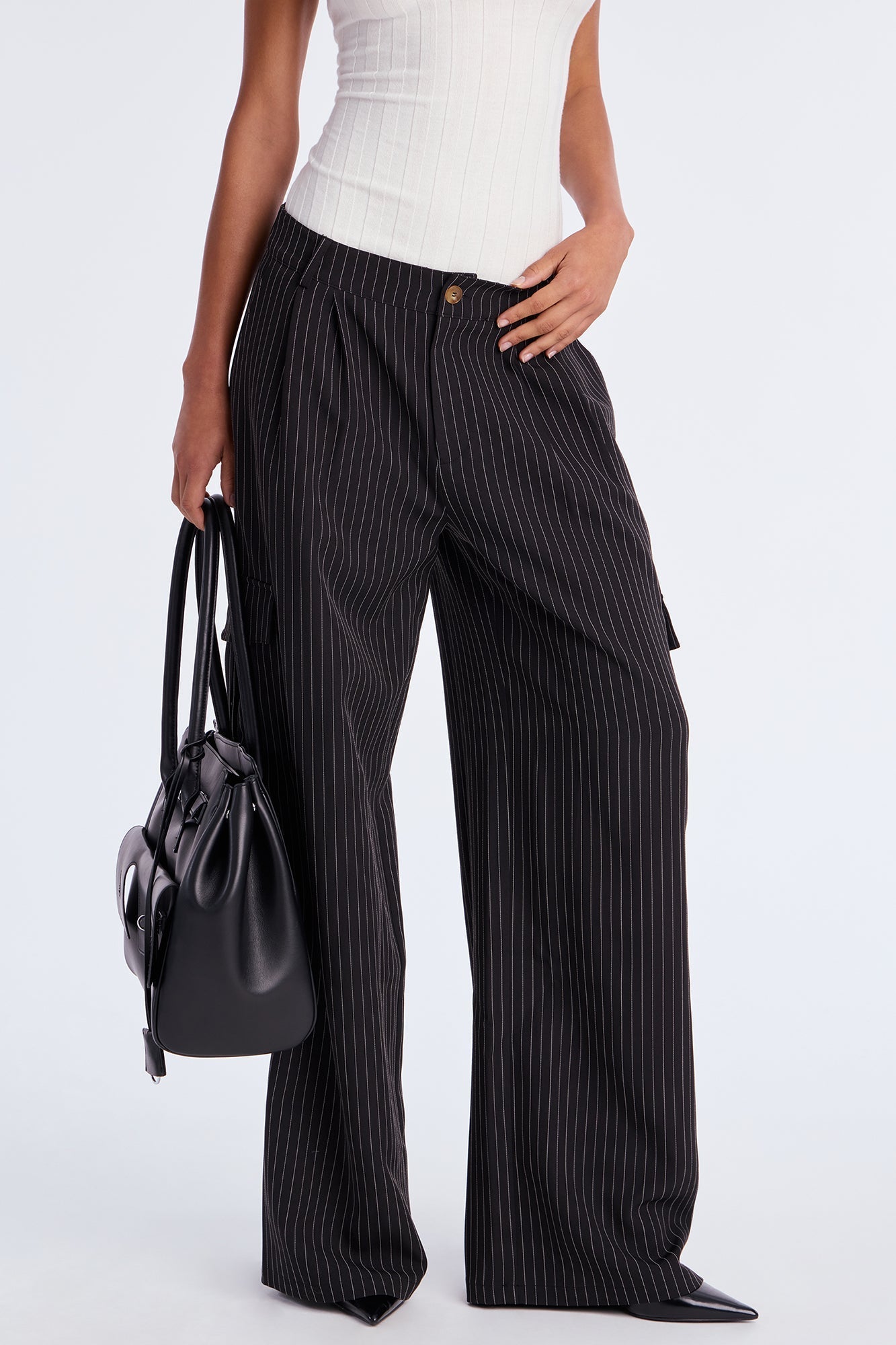Atiya Pinstripe Wide Leg Cargo Pant 32″ - Black/White