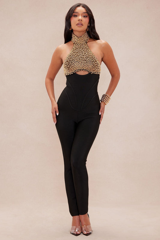 Patricia Embellished Bandage Jumpsuit - Black