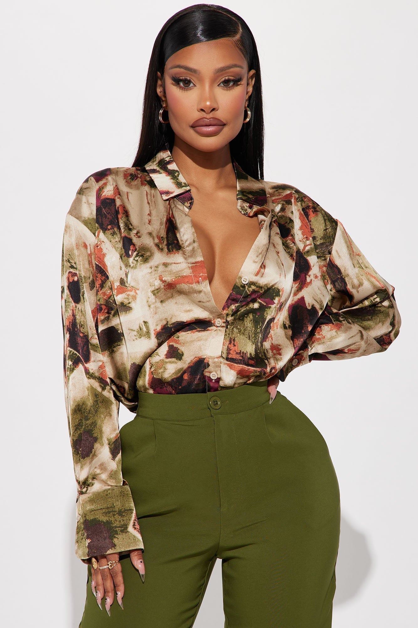 Office Duties Satin Shirt - Green/combo