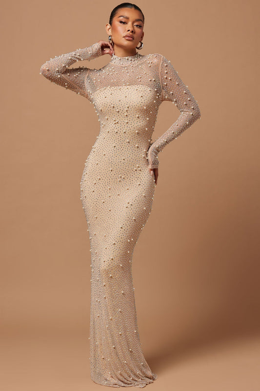 Anastasia Brooke Embellished Maxi Dress - Nude