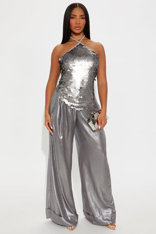 Romantically Spoiled Organza Metallic Wide Leg Pant 33 - Grey