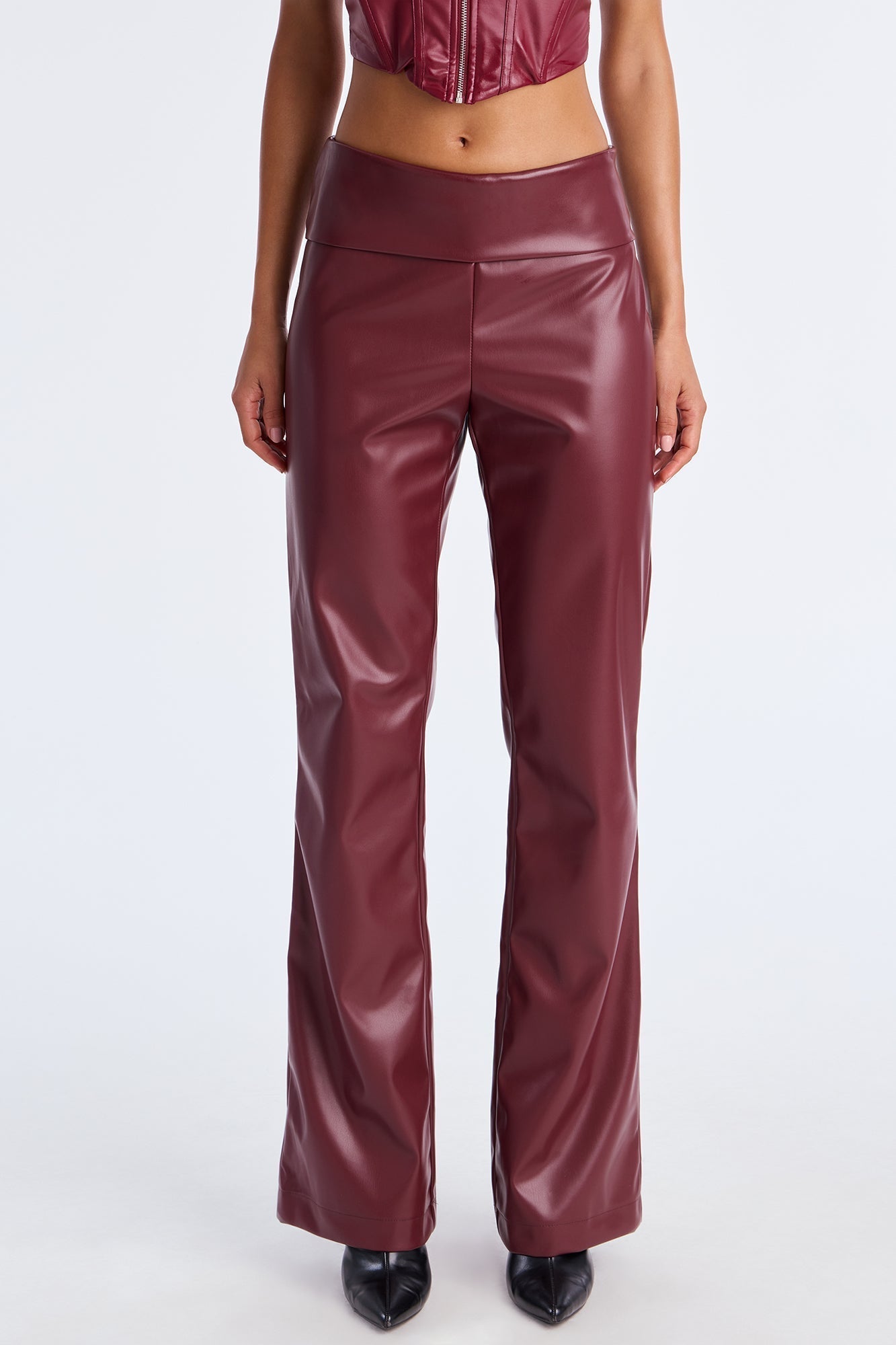 Roxi Foldover Faux Leather Wide Leg Pants - Burgundy