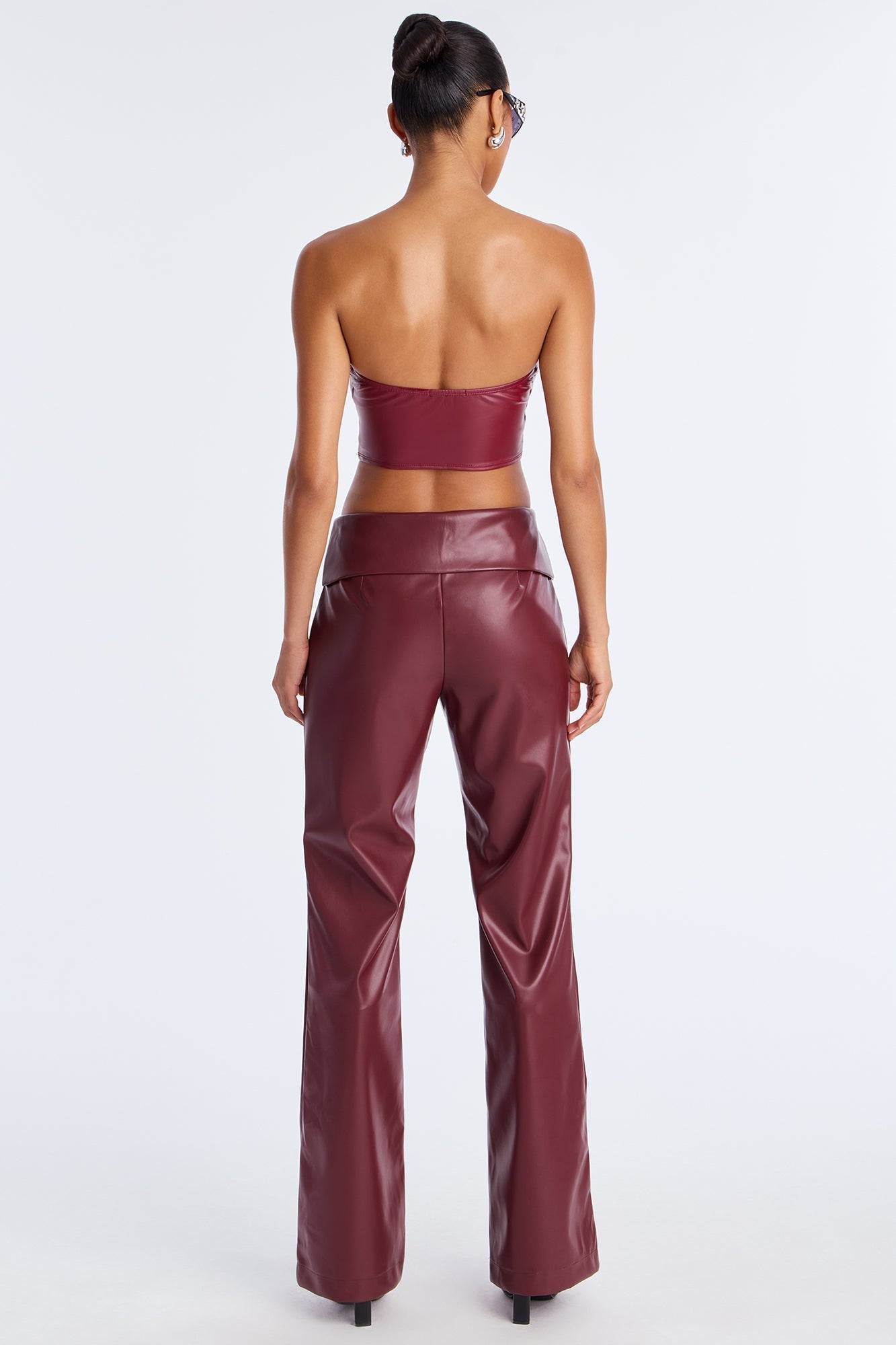 Roxi Foldover Faux Leather Wide Leg Pants - Burgundy