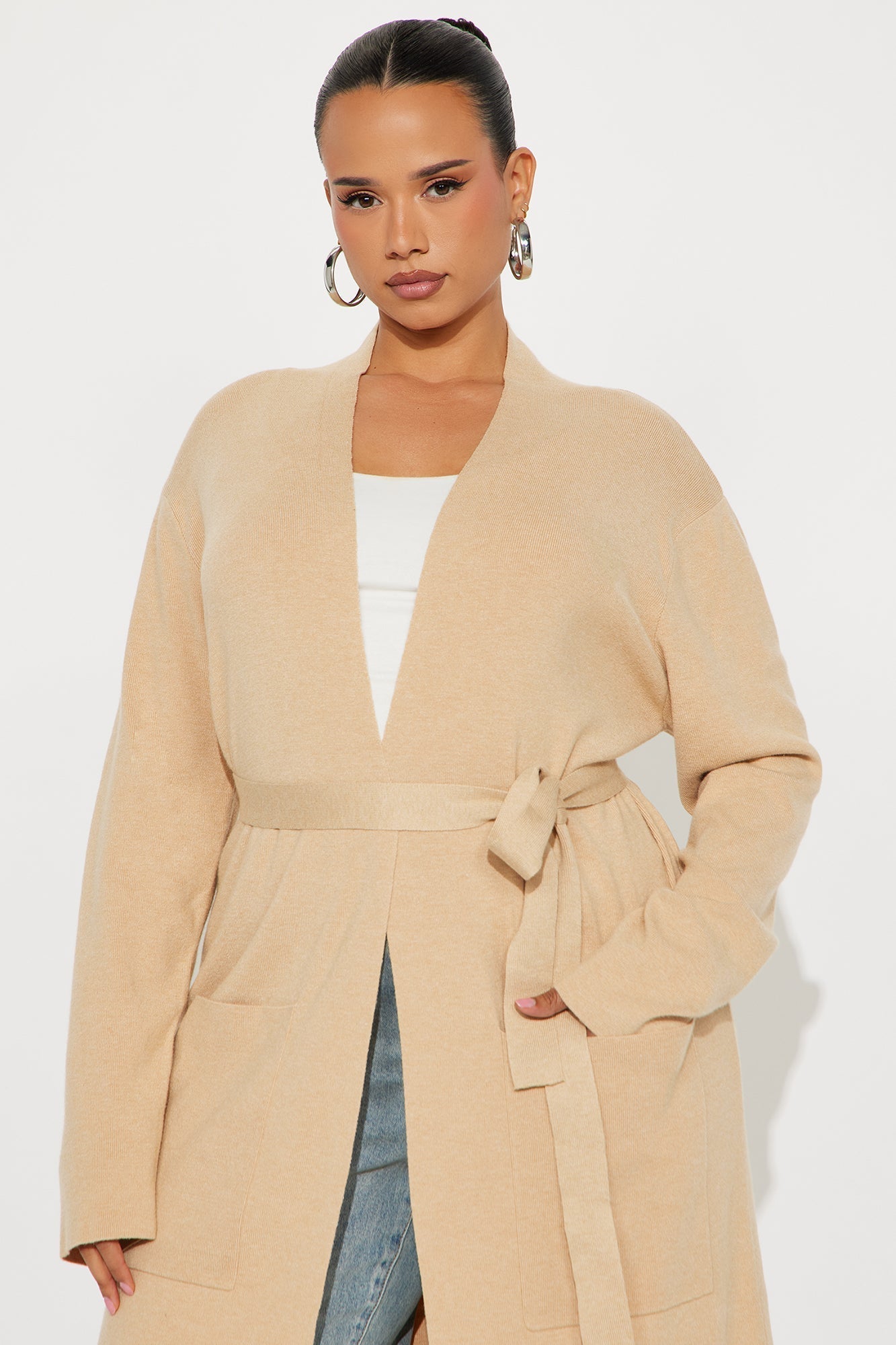 Your Fantasy Open Front Belted Cardigan - Sand