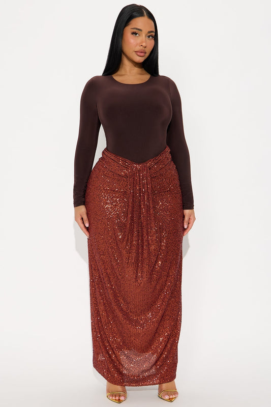Party Time Sequin Drape Maxi Skirt - Rust