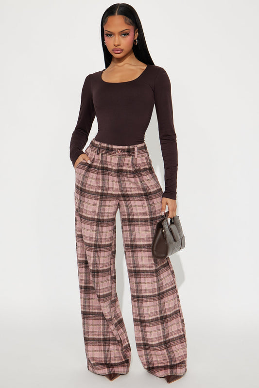 Out Your League Plaid Wide Leg Pant 33″ - Pink/combo
