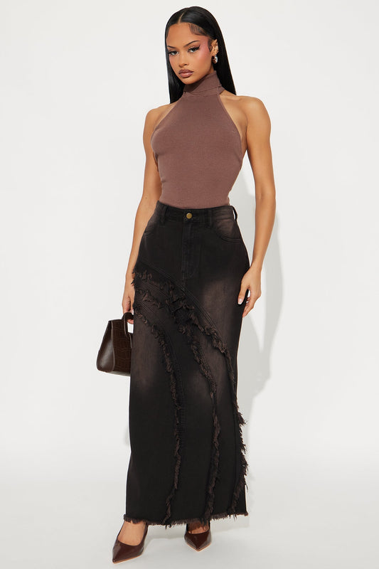 Out Past Curfew Washed Denim Maxi Skirt - Black Wash