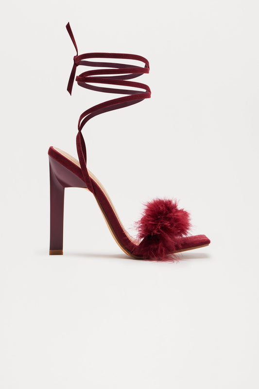 Aubrie Feather Wrap Up Heels - Burgundy