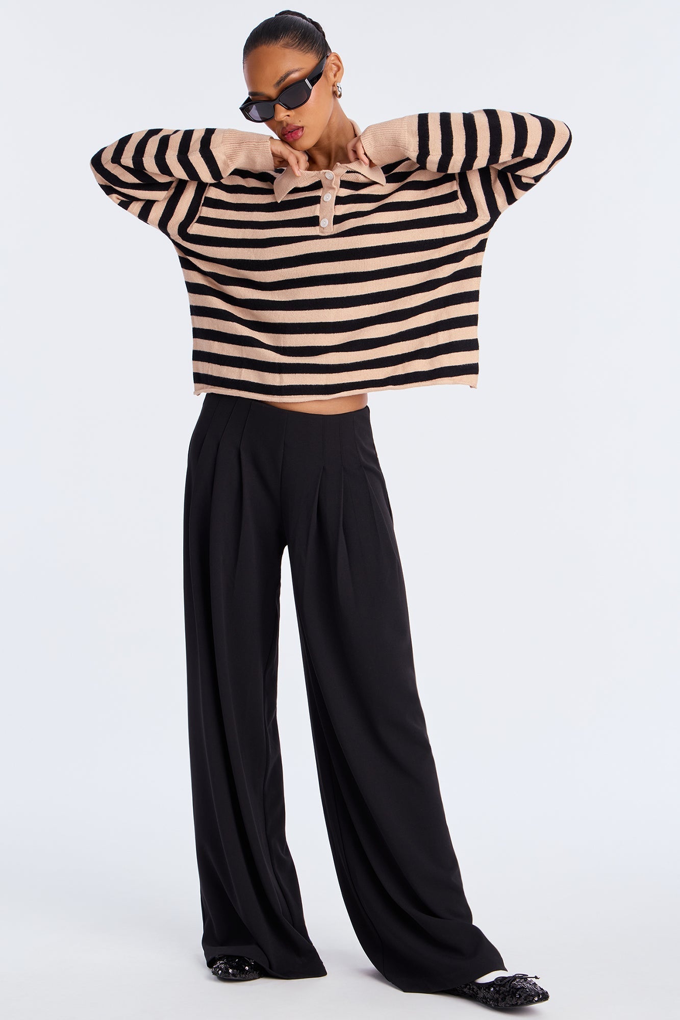 Elaia Striped Polo Sweater - Taupe/combo