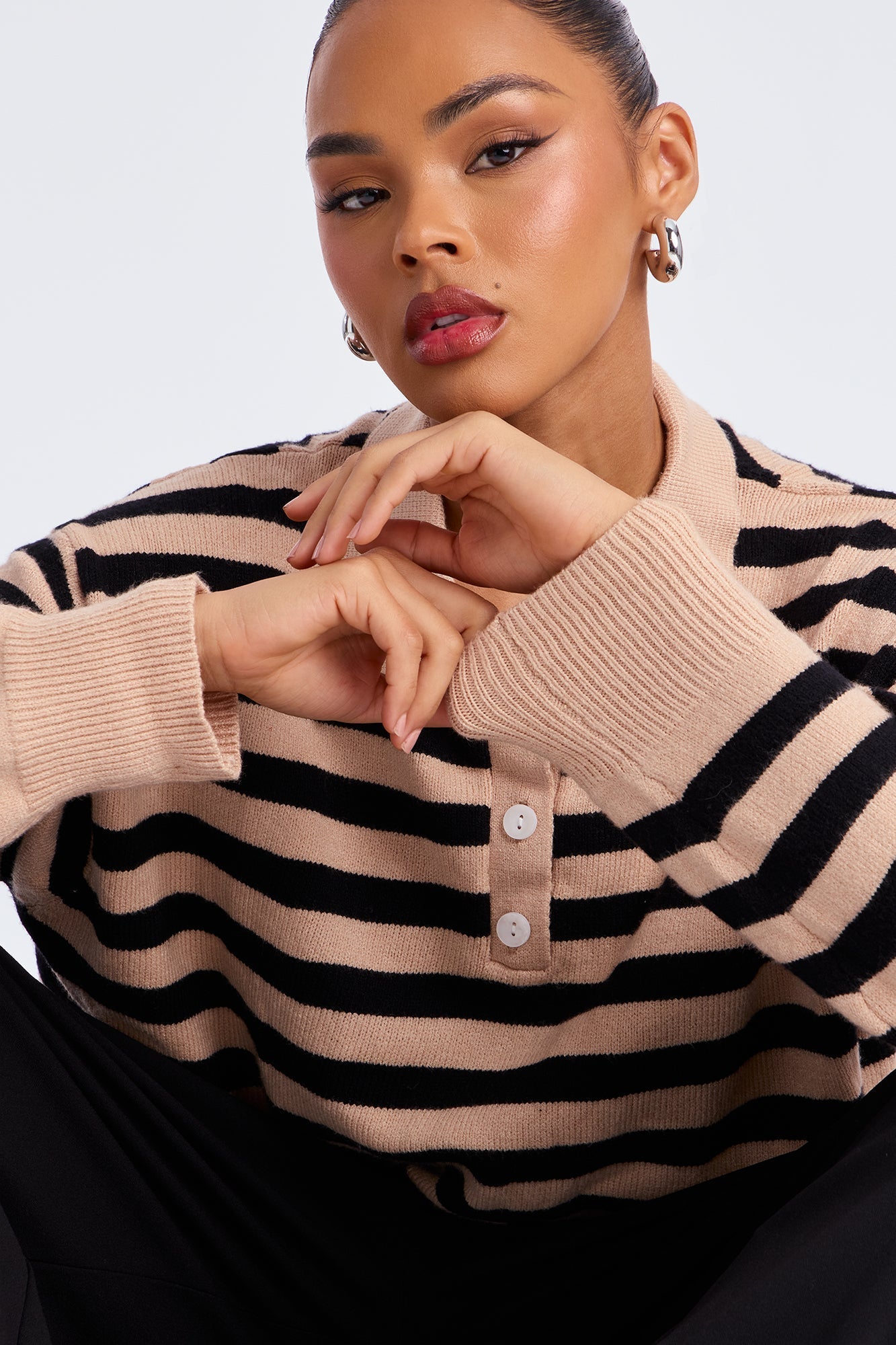 Elaia Striped Polo Sweater - Taupe/combo