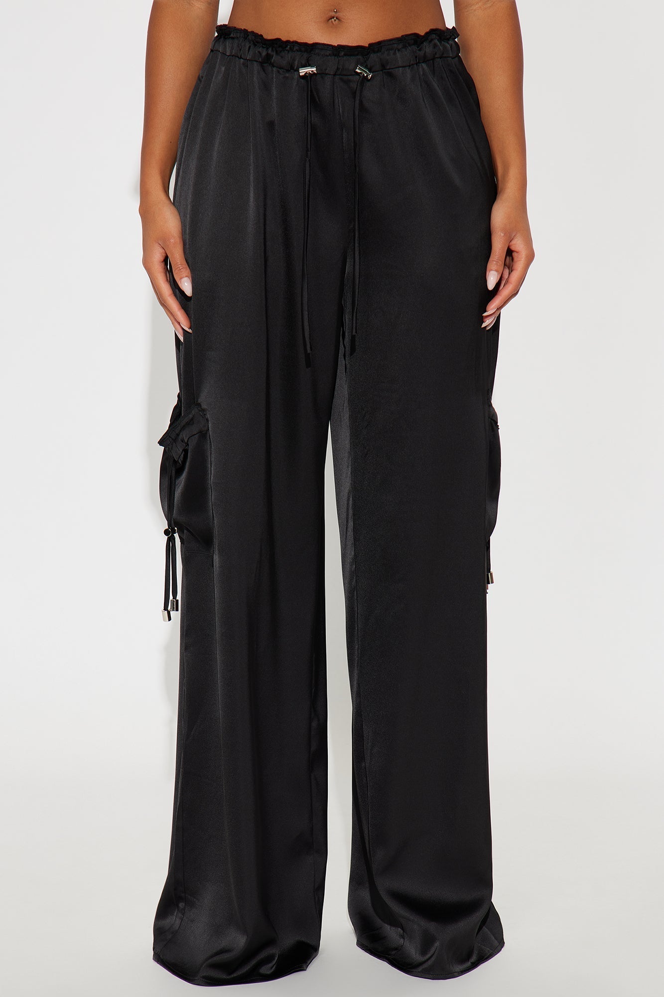 Brielle Satin Wide Leg Cargo Pant 33″ - Black
