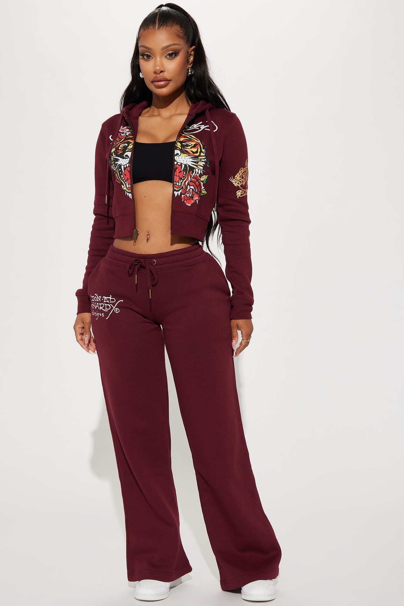 Retro Tiger Ed Hardy Wide Leg Pant - Burgundy