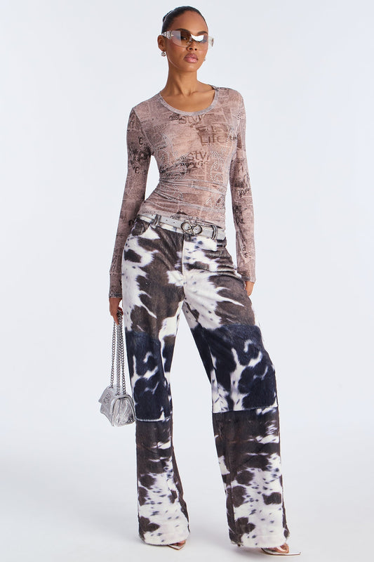 Early Dawn Faux Fur Cow Print Wide Leg Pant 33 - Black/White