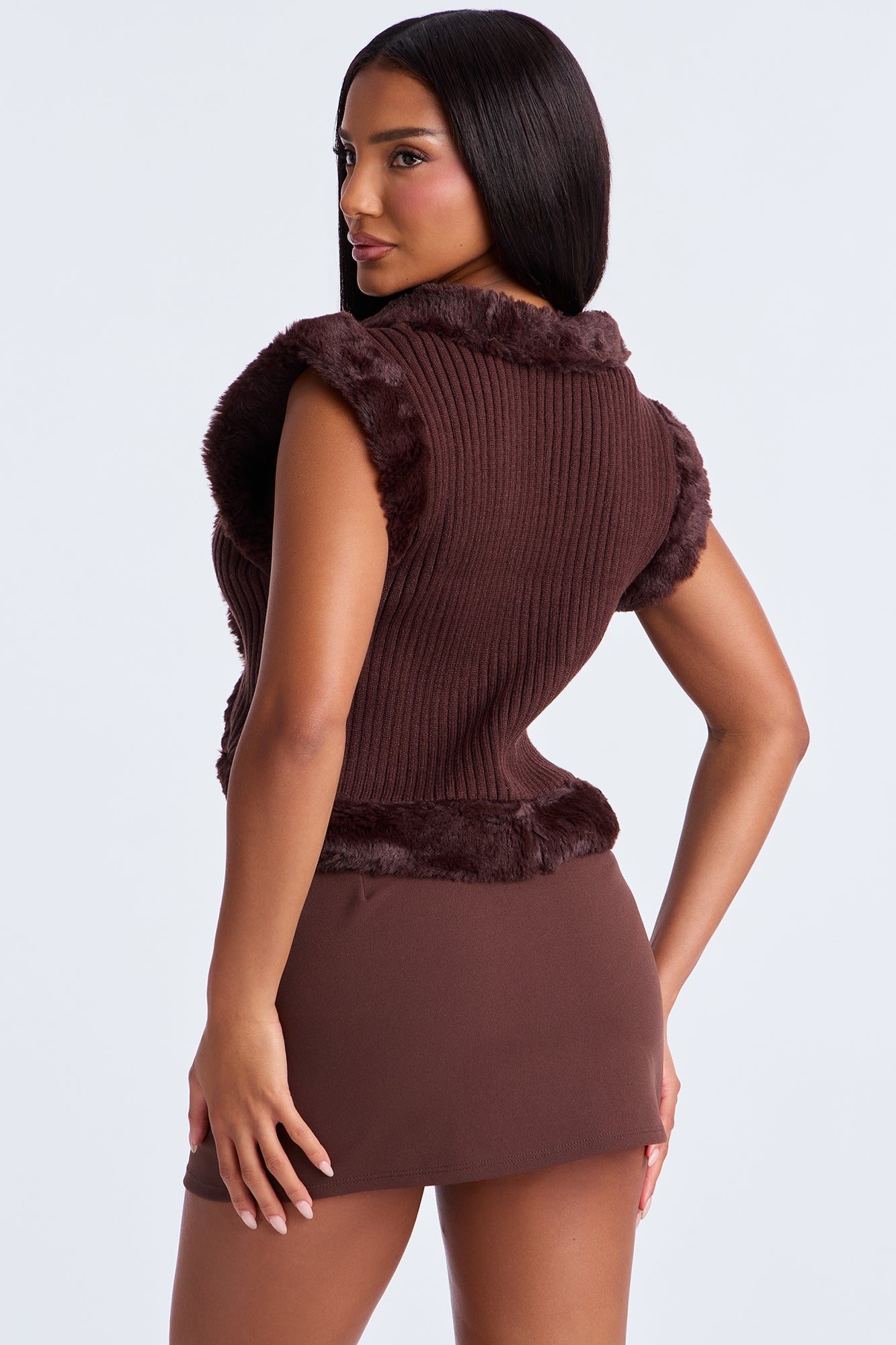 Boss In Faux Fur Sweater Top - Chocolate