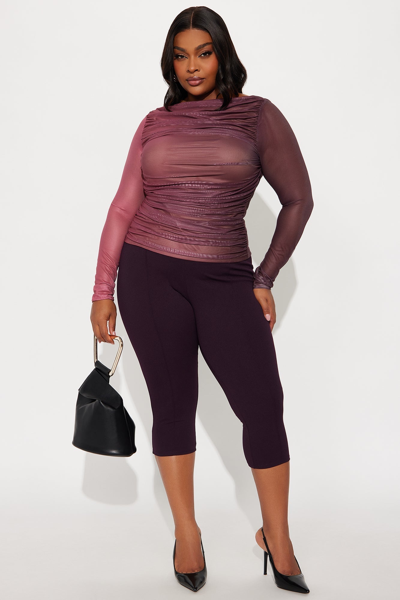 Brenda Mid Rise Knit Crepe Pintuck Capri Legging 21″ - Plum