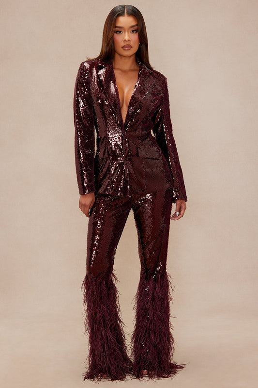 Nola Sequin Feathered Flare Pant - Wine
