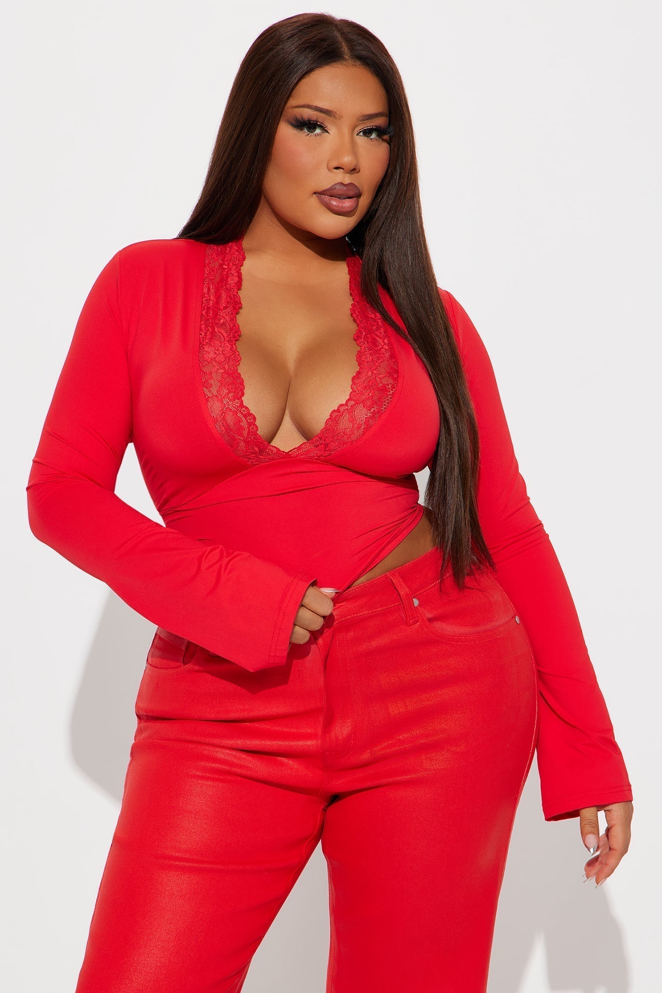 Sarai Lace Long Sleeve Top - Red