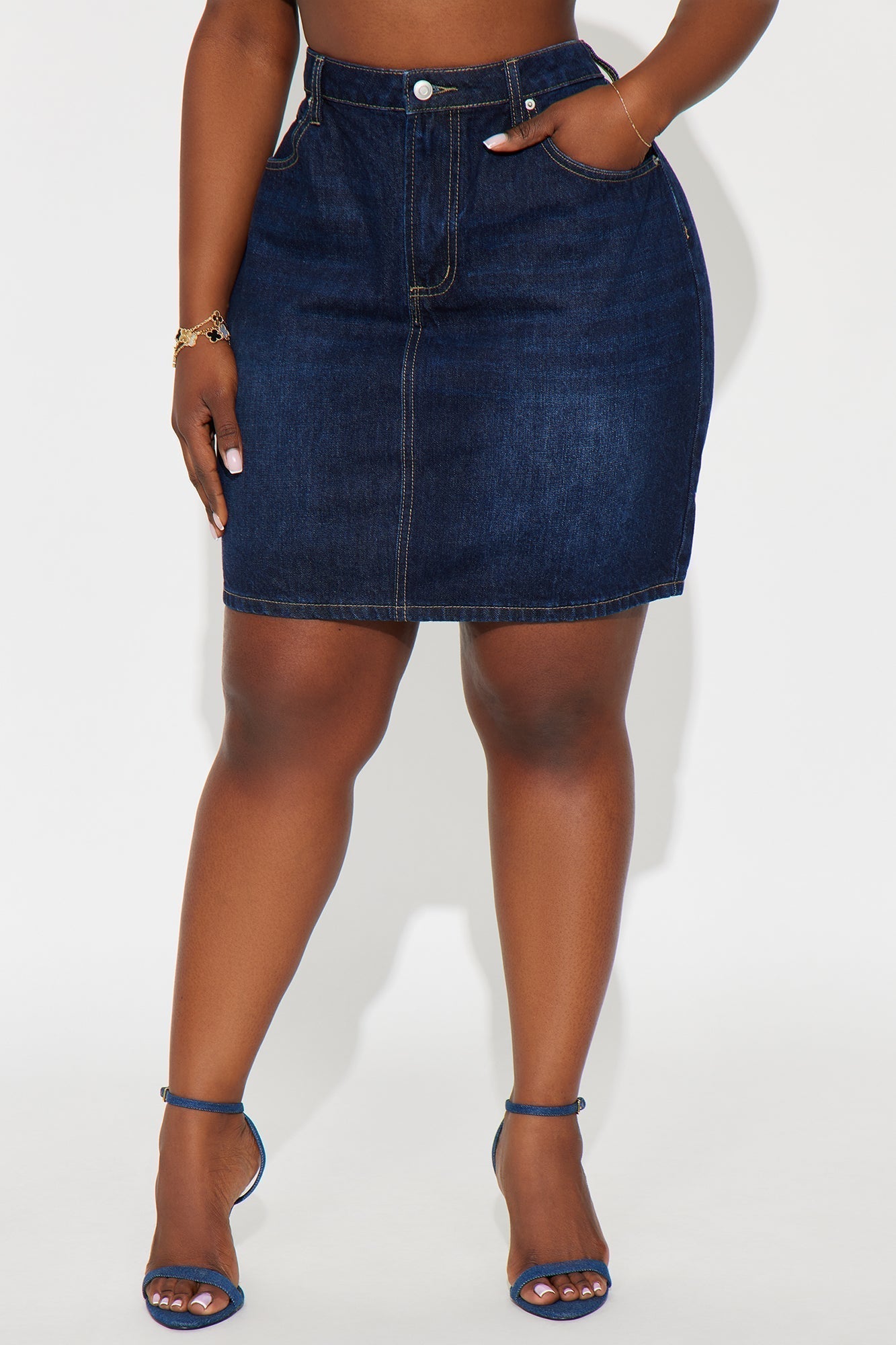 Rayna Dark Wash Denim Midi Pencil Skirt - Dark Wash