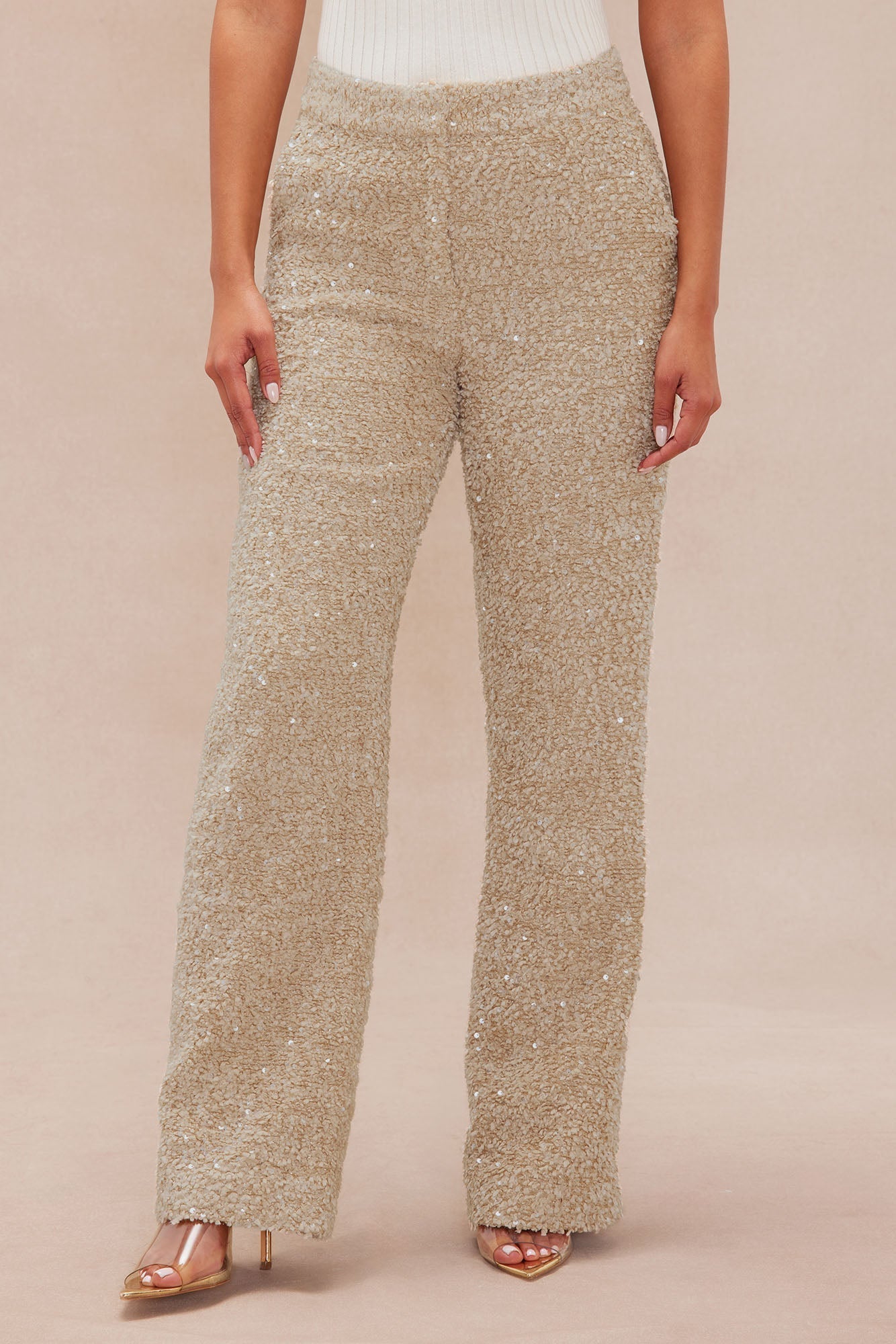 Demi Embellished Tweed Pant - Taupe